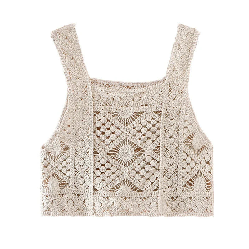 Women Vintage Crochet Camisole Bohemian Hollow Out Geometry Floral Knitted Vest Slim Sleeveless Crop Top Beachwear Apricot One Size
