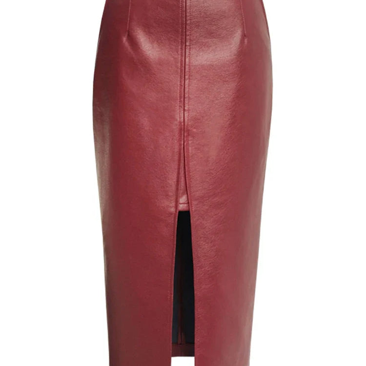 Lautaro Long Soft Faux leather pencil skirt women with front slit pockets High waisted midi skirts for women wine red skirt
