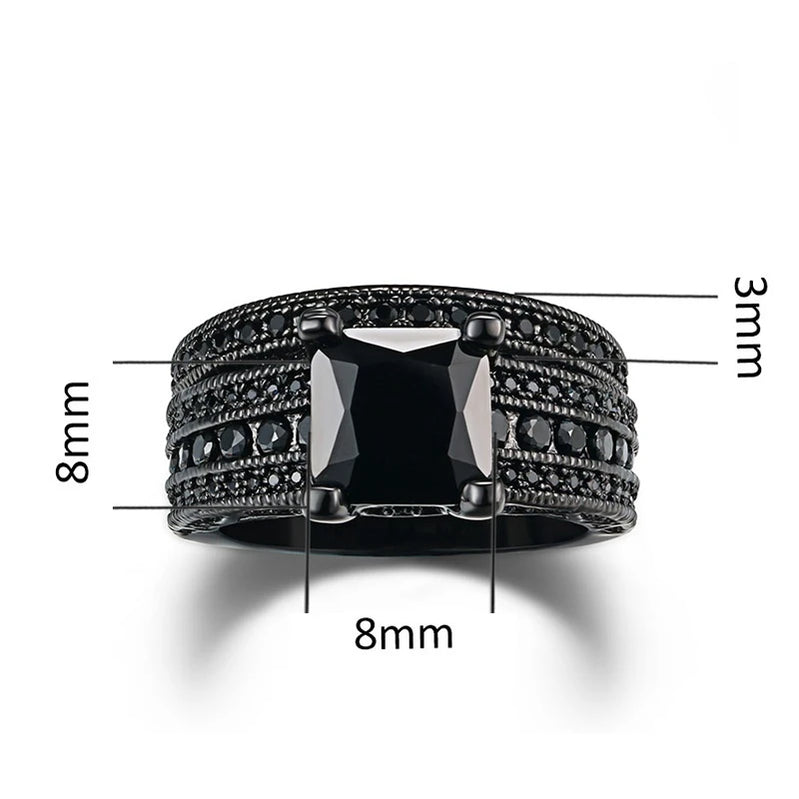 Fashion Couple Jewelry Lovers Rings Women's Black Zircon Engagement Ring Set Men's Stainless Steel Wedding Band Anniversary Gift