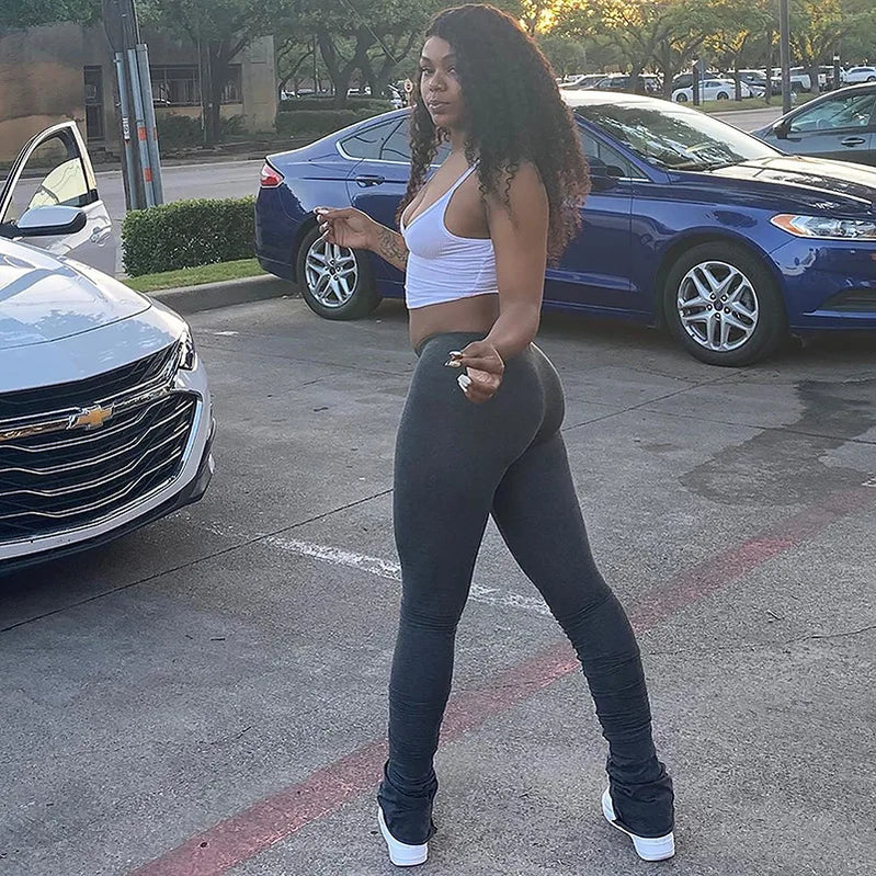 Y2K Pants Streetwear Women Legging Fashion Solid Ruched Stacked High Waist Sweatpants Casual Trousers Pencil Pants Jogging 2023