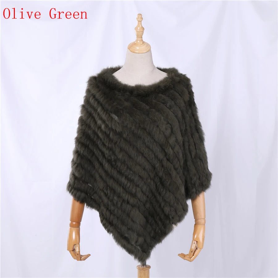 Rabbit Fur Knitted Natural Fur Poncho Fashion Wrap Coat Shawl Lady Scarf Natural Fur Wedding Party Wholesale Cape Olive Green