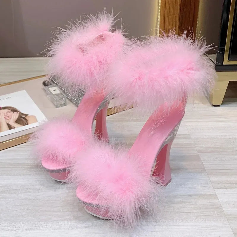 4 Color Feather Thick High Heels Platform Sandals Women 14cm 17cm Heels Shoes Female Summer Hair Wedding Pumps Shoes