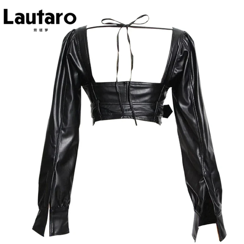 Y2k Black Faux Leather Crop Top Women Square Neck Long Sleeve Zipper Cropped Jacket 2021 Sexy Backless Fashion 5xl 6xl
