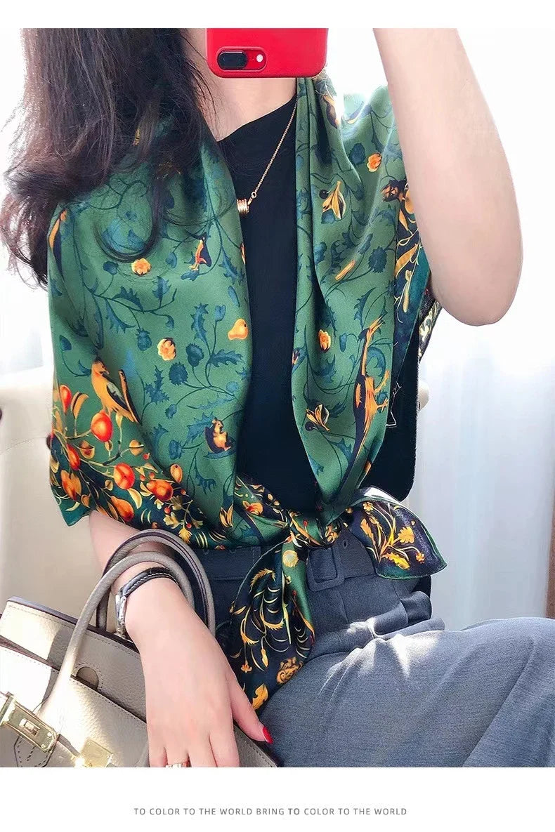 Coffee Gold 100% Mulberry Silk Women's Scarf Bandana Fashion Plaisley Style Square Scarves Hijabs Winter Brand Headscarf Foulard green floral