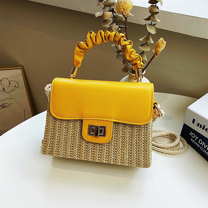 Straw Beach Bag for Women 2024 Summer Pleated Handle Luxury Designer Bag Contrast Color Crossbody Purse and Handbag Lady Bolsos