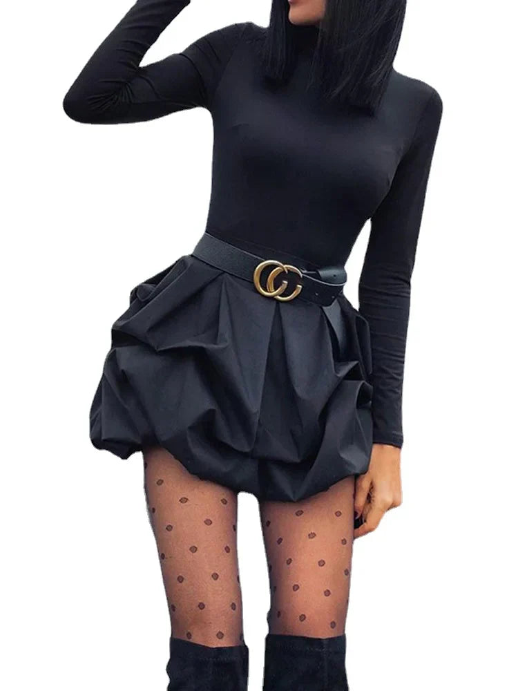 Fashion Solid Long Sleeve Mini Bud Dress Party Dress Black Dress Women black