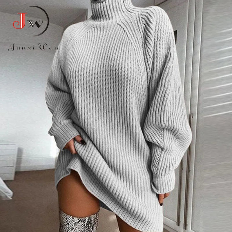 Women Turtleneck Oversized Knitted Dress Autumn Solid Long Sleeve Casual Elegant Mini Sweater Dress Winter Clothes Grey sweater dress