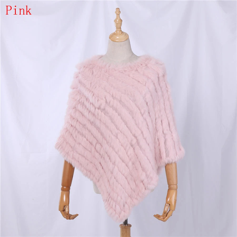Rabbit Fur Knitted Natural Fur Poncho Fashion Wrap Coat Shawl Lady Scarf Natural Fur Wedding Party Wholesale Cape Pink