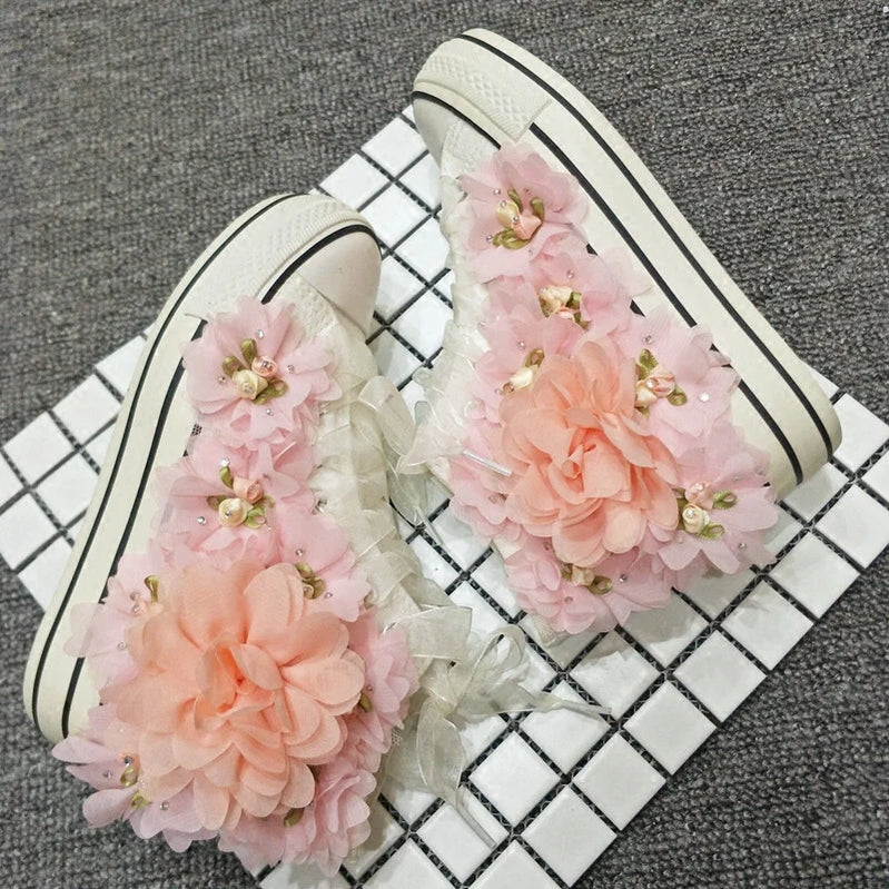 Handmade Flower Canvas Shoes for Women Rhinestones Pink Lace Flower Students Lady Casual Shoes White Platform Sneakers