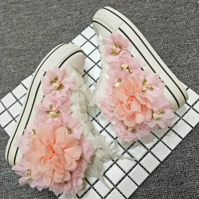 Handmade Flower Canvas Shoes for Women Rhinestones Pink Lace Flower Students Lady Casual Shoes White Platform Sneakers