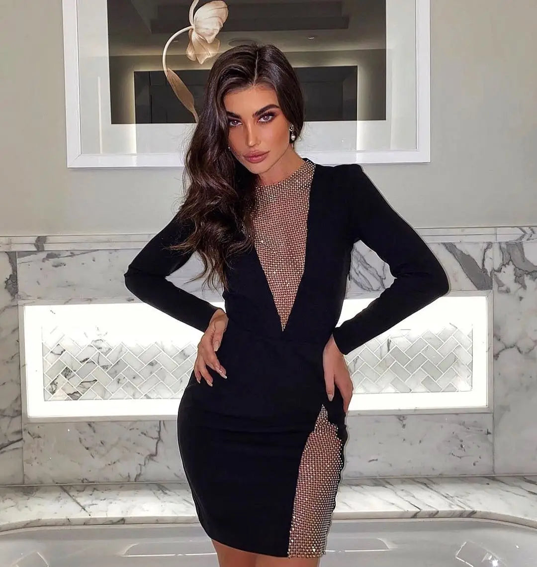 Winter Women Black Beading Long Sleeve Rayon Bandage Sexy Hollow Out Mini Club Celebrity Runway Party Dress