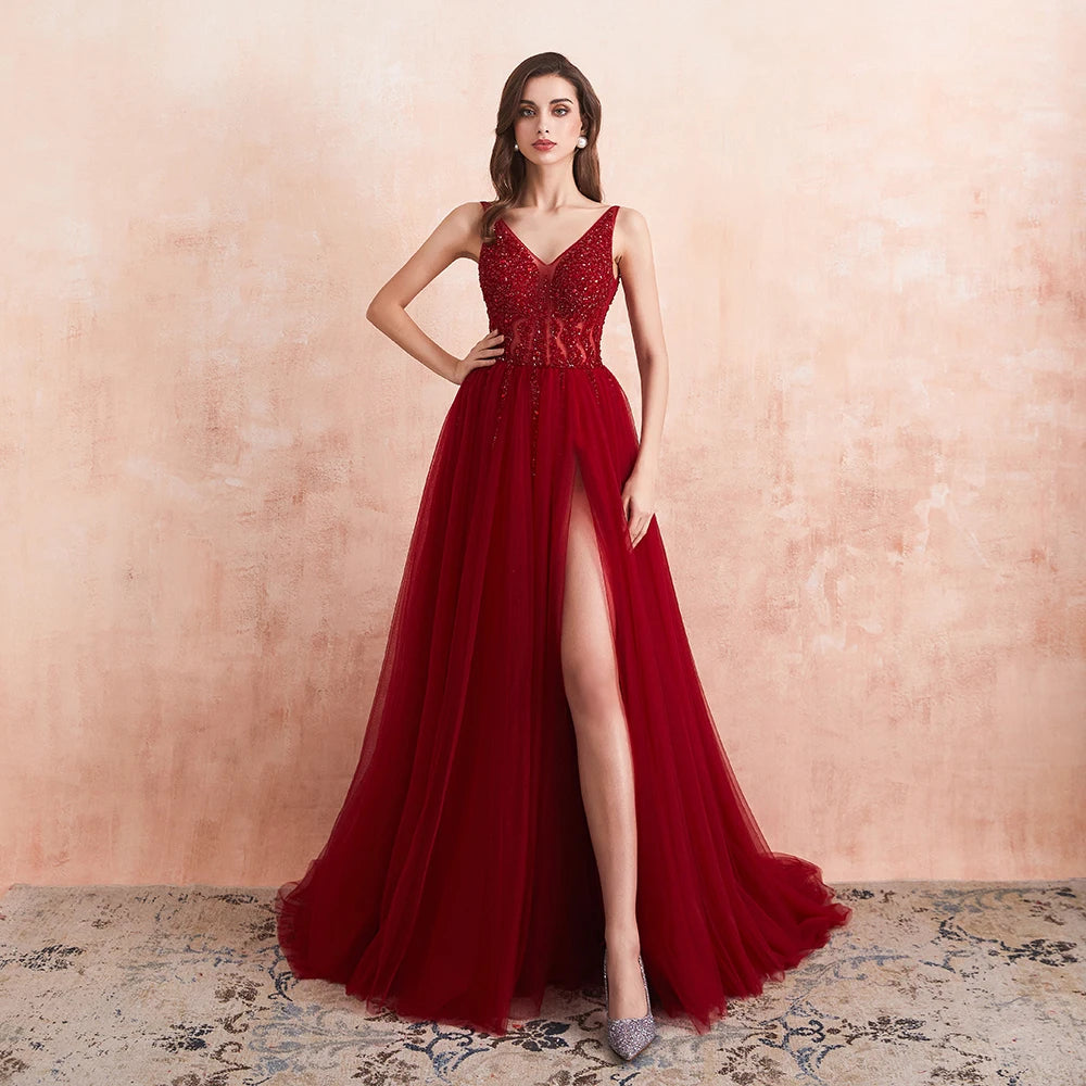 Beading Prom Dresses Long Sexy V-Neck High Split Tulle Sweep Train Sleeveless Evening Gown A-Line Backless Vestido De