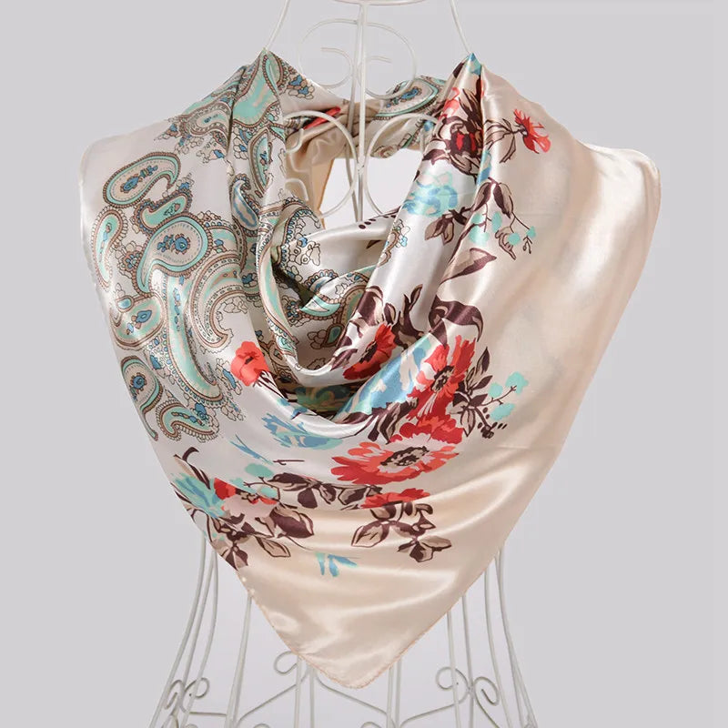 Ladies Green Coffee Square Scarves Printed Women Elegant Satin Large Silk Scarf Shawl 90*90cm Winter Neck Head Scarf beige grey paisley