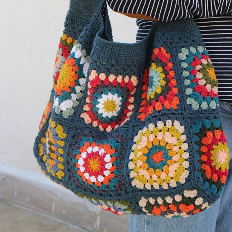 Navy Granny Square Crochet Bag Hippie Classic Handmade Crochet Colorful Boho Chic Shoulder Tote Bags For Winter