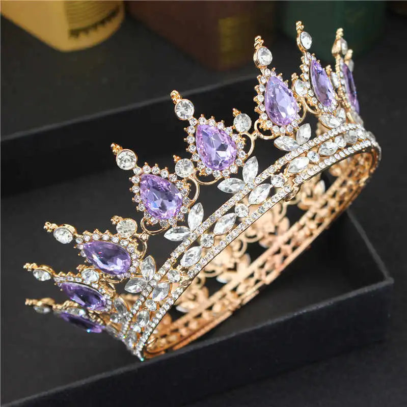 Crystal Queen King Tiaras and Crowns Bridal Diadem For Bride Women Headpiece Hair Ornaments Wedding Head Jewelry Accessories Gold Purple
