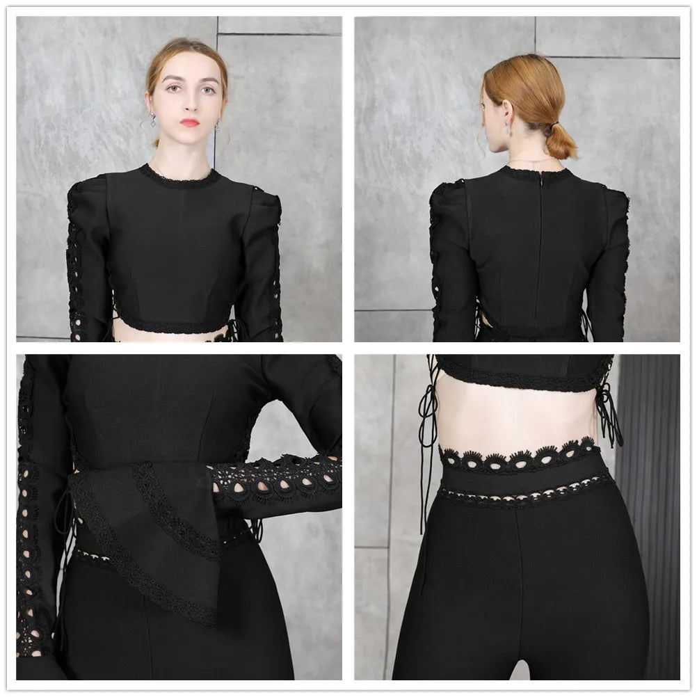 New Women's Bandage Sets Two Piece Set Fashion Wide Leg Long Pants Party Club Sexy Summer 2 Pieces Set Suits