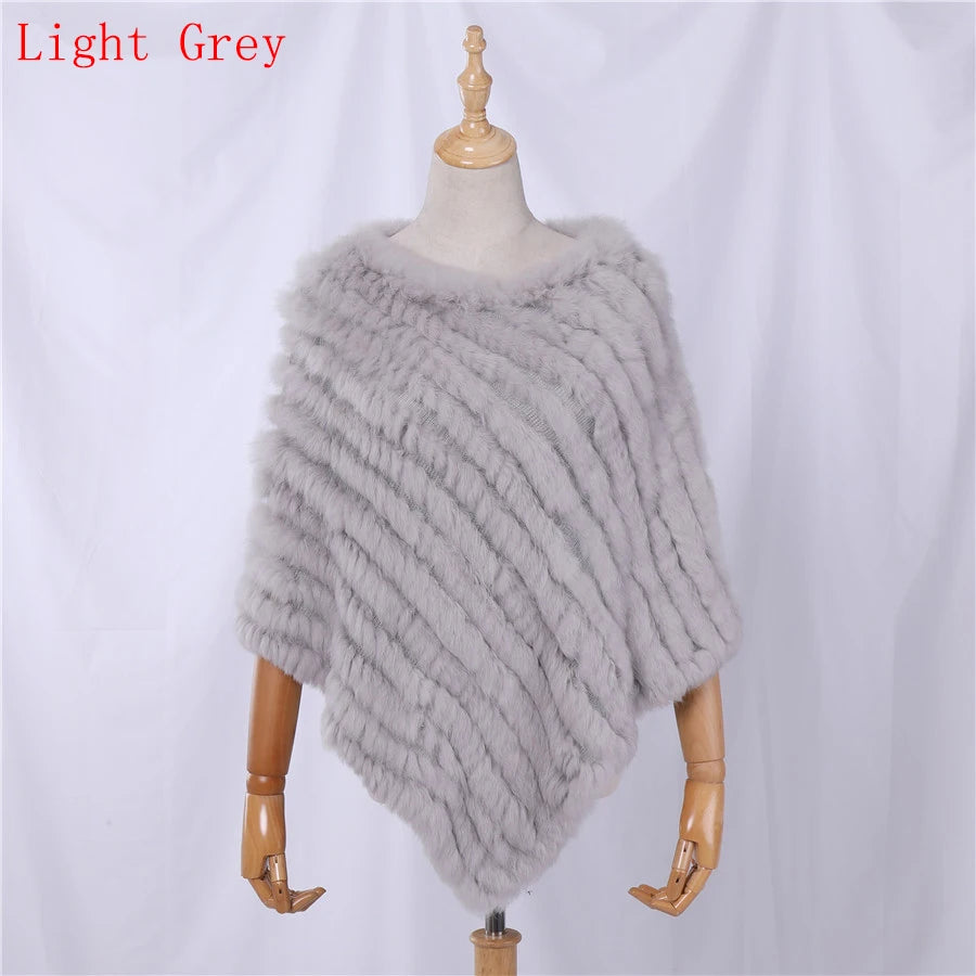 Rabbit Fur Knitted Natural Fur Poncho Fashion Wrap Coat Shawl Lady Scarf Natural Fur Wedding Party Wholesale Cape Light Grey