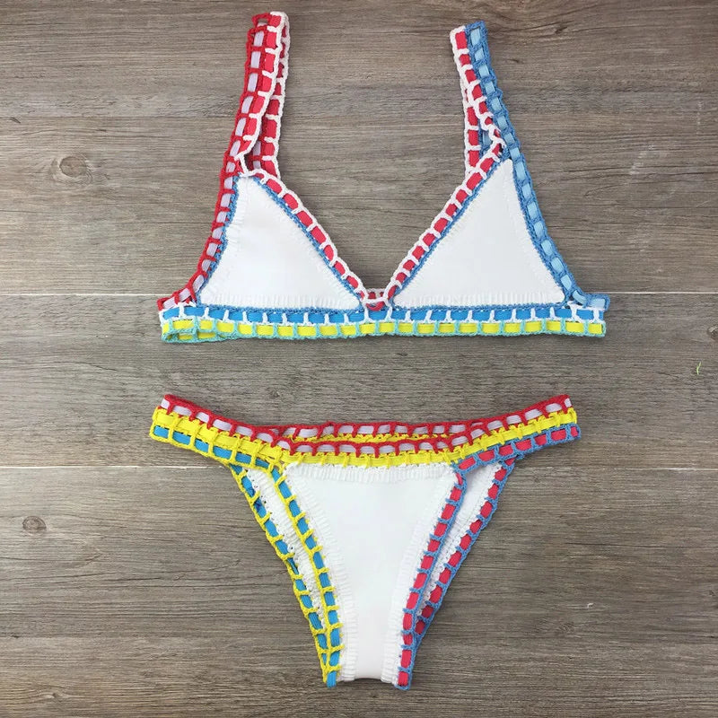 Sexy Bikinis Summer Women Swimsuit Hand Crocheted Bikini Set Swimwear Beach Bathing Suit Biquini Female Monokini white red