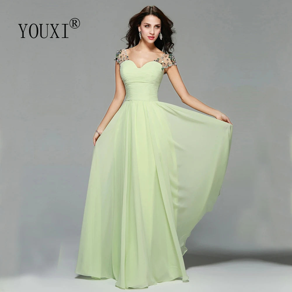Elegant Cap Sleeves Light Green Prom Dresses Chiffon Crystal vestido de festa Evening Formal Dress for Women light green