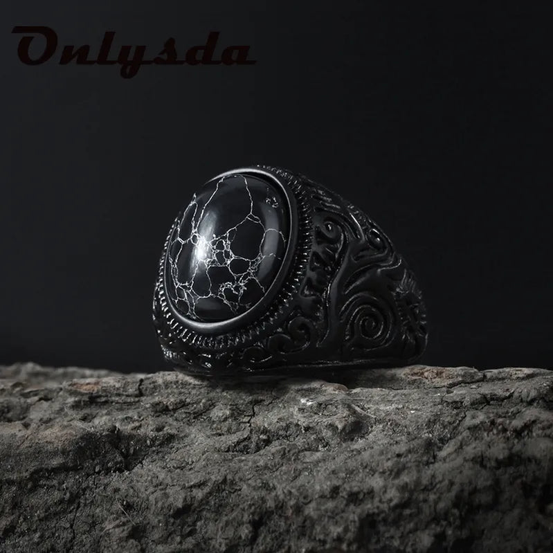 Stainless Steel Jewelry Ring Men Black Stone Rings Trend Charm Fashion Male Women Finger Band Engagement Wedding Gift V024 Us Size