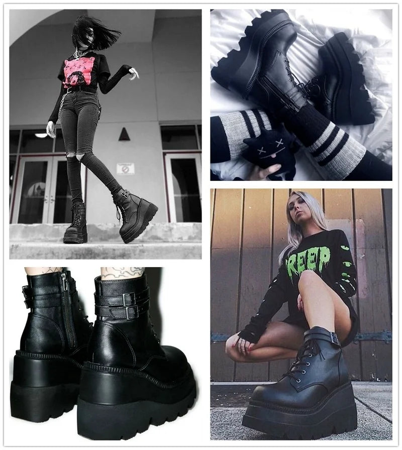 Big Sizes 43 Platform High Heels Cosplay Fashionable Autumn Winter Wedges Shoes Ankle Boots Women Booties PU