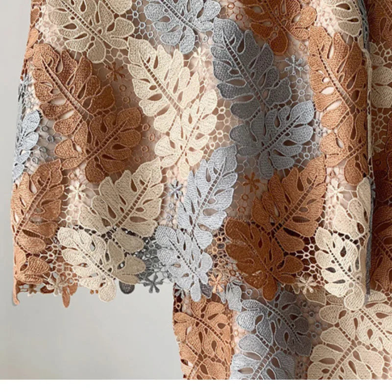 Women Brown Lace Midi Pencil Skirt Bi-material Skirt For Suits With Zipper Long Floral Fashion SKirts Jupe Femme Bi Matiere