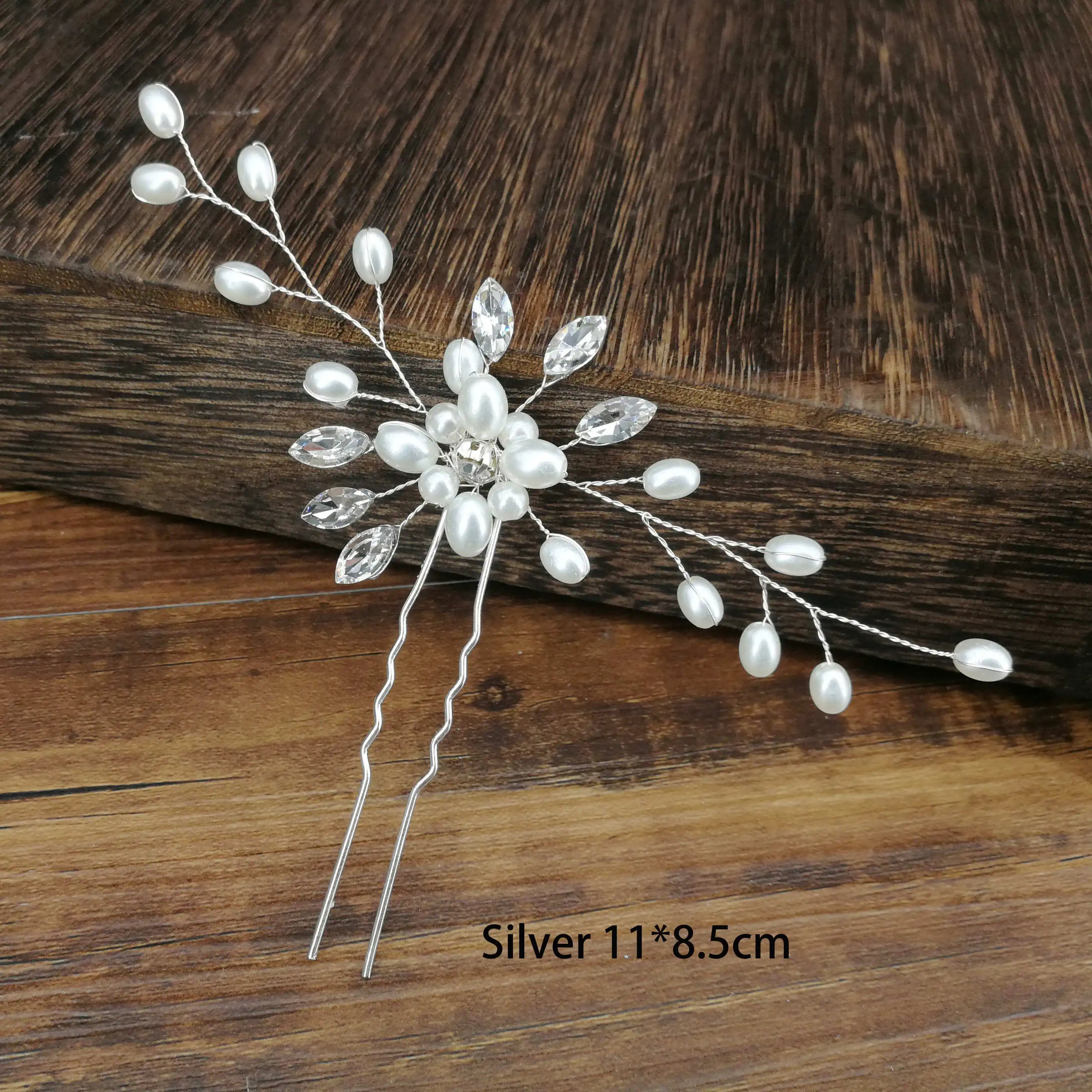 Women U-shaped Pin Metal Barrette Clip Hairpins Simulated Pearl Bridal Tiara Hair Accessories Wedding Hairstyle Design Tools Silver flower 1pc