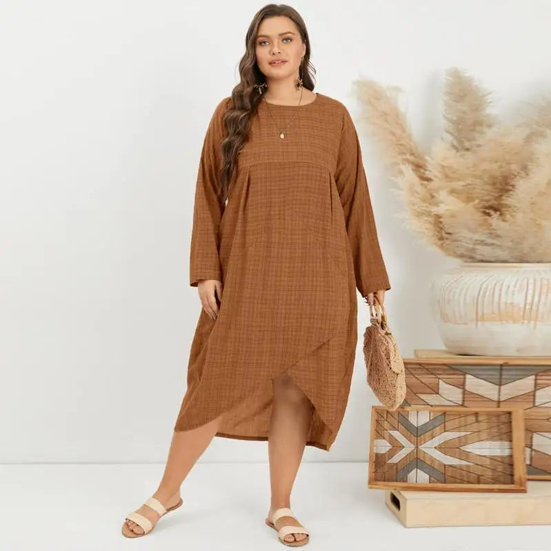 Asymmetrical Midi Dress Womens Check Dress Female Long Sleeve Plaid Vestidos Summer Sundress Casual Shirt Robe