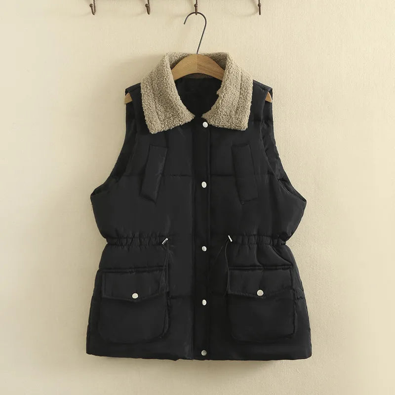 Plus Size Vest For Women 3XL-5XL Lapel Patchwork Sleeveless Jacket Zipper And Big Pocket Winter Vest Large Size Casual Coat Vest black