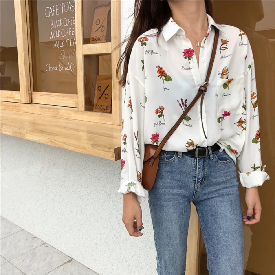 Vintage Floral Print Loose Casual Off White Blouse Women Long Sleeve Female Top Office Ladies Chiffon Blouses Shirts