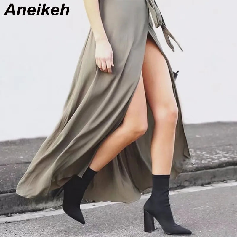 Fashion Ankle Boots for Women Pointed Toe Sock Boots Square High Heel Boots Shoes Woman Slim Stretch Bota Feminina 41