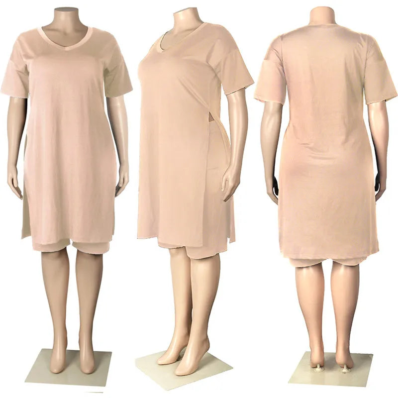 Plus Size Women Clothing Two Piece Set 4xl Summer Wholesale Dropshipping Slip HemTop Shorts Suit Casual Tracksuit Streetwear