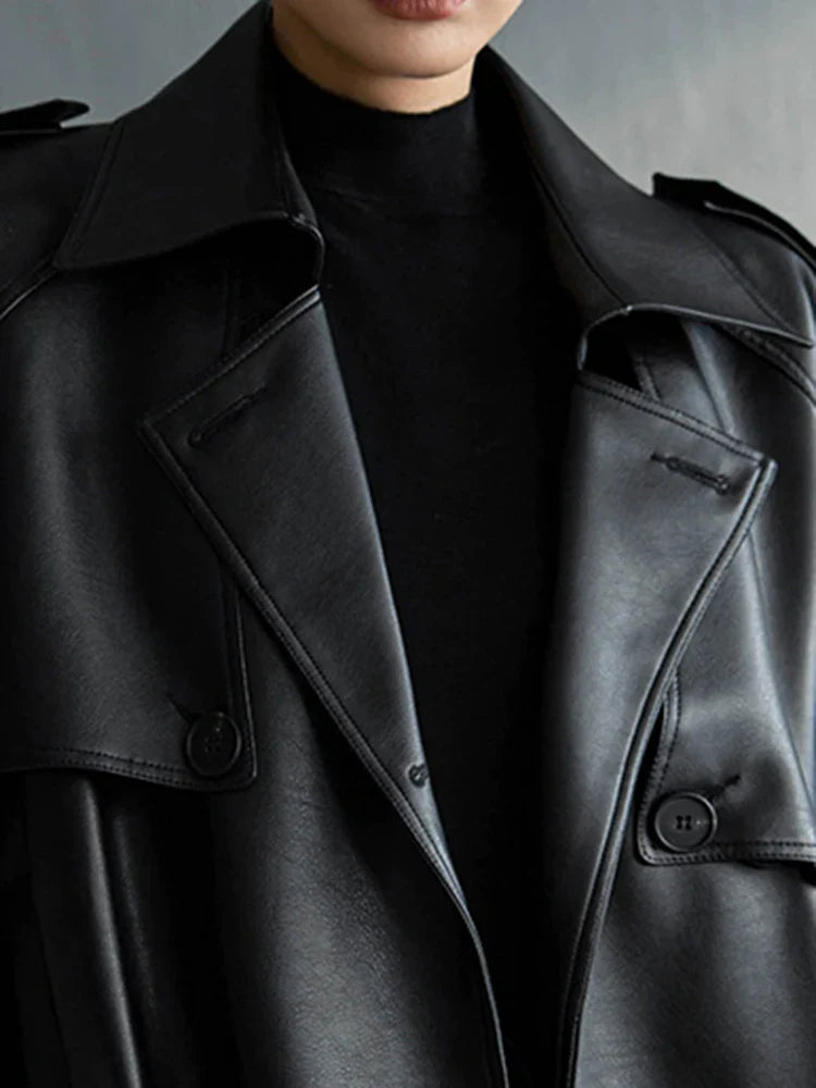Autumn Extra Long Oversized Black Faux Leather Trench Coat for Women Long Sleeve Belt Double Breasted Loose Fashion 2021