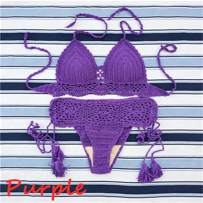 Handmade Crochet Push up Bikini Set Sexy Women Swimwear Crop Top Beach Swimsuit Suit PURPLE