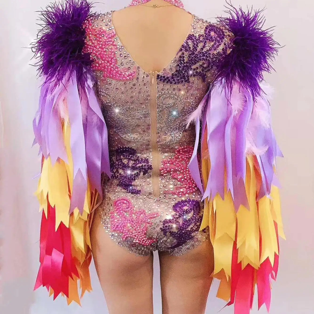 Fashion Stage Wear Ribbon Strip Feather Sleeve Rhinestone Bodysuit Women Nightclub Bar Party Outfit Performance Dance Costume
