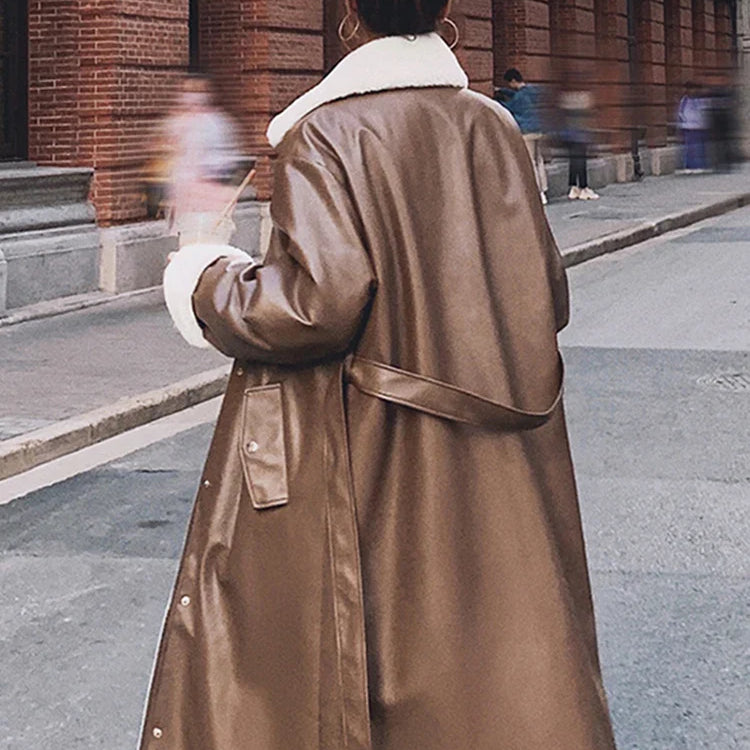 Winter Long Warm Thick Leather Trench Coat for Women with Faux Fur Inside Belt Loose Korean Fashion 2021 Fur Lined Parka