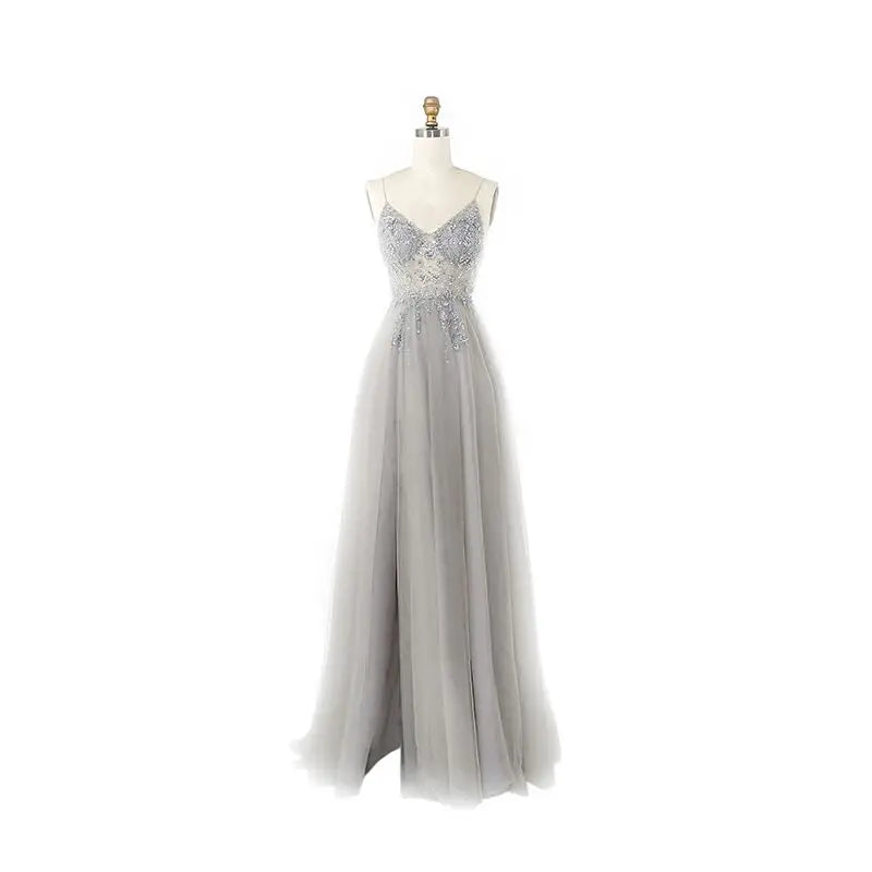 Beaded Crystal Prom Dresses Long Sexy See Through A-Line Split Tulle V Neck Spaghetti Strap Evening Formal Gown