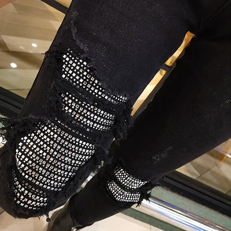 Spring Autumn Hole Sequined Jeans Women Streetwear High Elastic Stretch Skinny Pencil Pants Female Denim Trousers