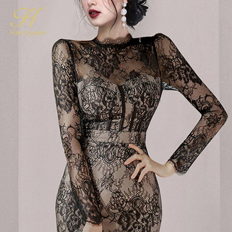 H Han Queen Autumn New See Through Lace Vestidos Korean Fashion Crochet Flowers Pencil Dress Elegant Simple Party Women Dresses