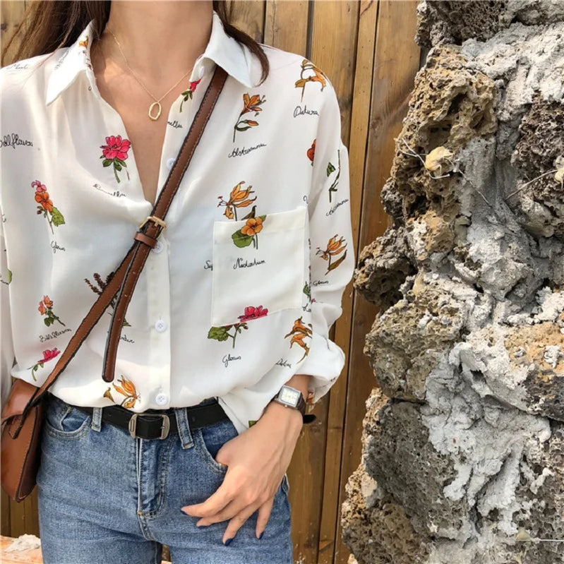 Vintage Floral Print Loose Casual Off White Blouse Women Long Sleeve Female Top Office Ladies Chiffon Blouses Shirts