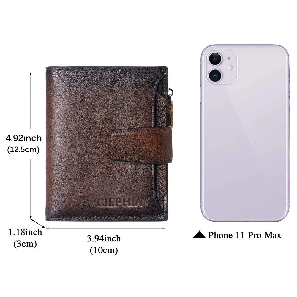 Men's Leather Wallet Vintage Short Multi Function Business Card Holder RFID Blocking Zipper Coin Pocket Money Clip