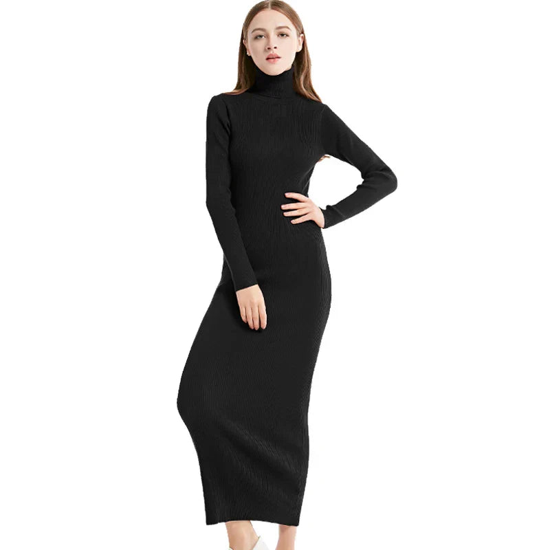 New Fashion Women Sexy Party Dress Knit Style Long Sleeve Turtleneck Winter Maxi Dress Slim Work Wear Office Dress Vestidos Black