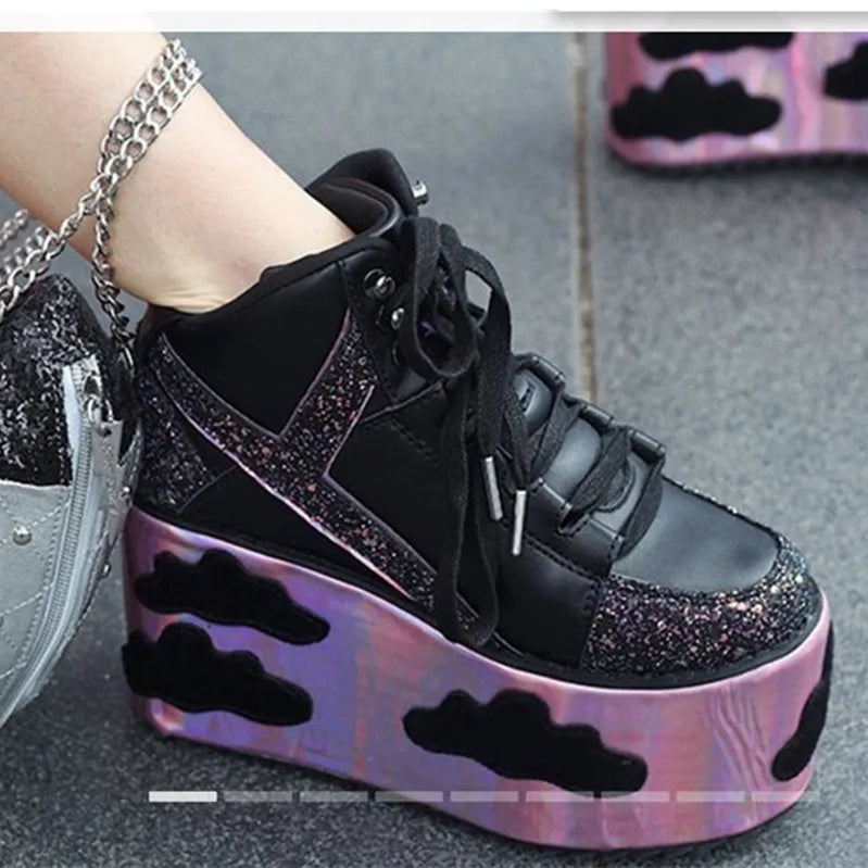 Colorful clouds Platform Shoes For Woman Punk Style Lace-up High Heel Wedges Shoes Sweet Women Ankle Boots For Mujer Shoes 2025