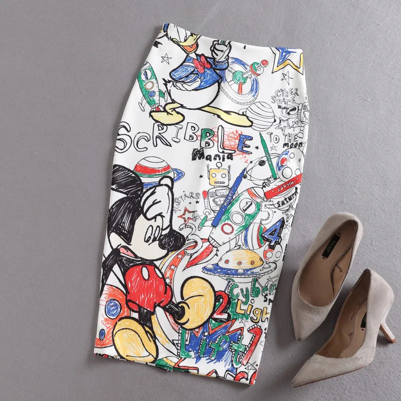 Women's Pencil Skirt High Waist Slim Skirts Print New Large Size Japan Cartoon Summer Young Girl Female Falda Sexy & Club White