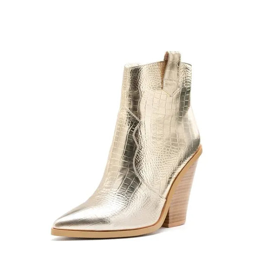 MStacchi Gold Snake Print Ankle Boots For Women Wedge High Heels Boots Woman Runway Design Chunky Heels Botas Mujer Western boot