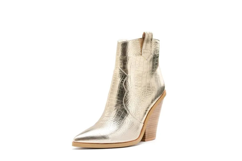 MStacchi Gold Snake Print Ankle Boots For Women Wedge High Heels Boots Woman Runway Design Chunky Heels Botas Mujer Western boot