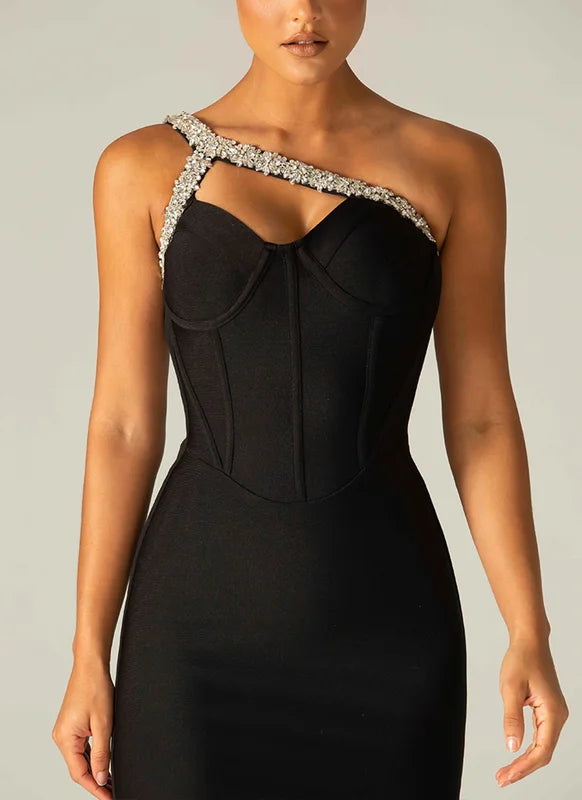 Red Blue Black One Shoulder Sparkly Beading Rayon Bandage Dress Elegant Cocktail Party Dress Vestidos