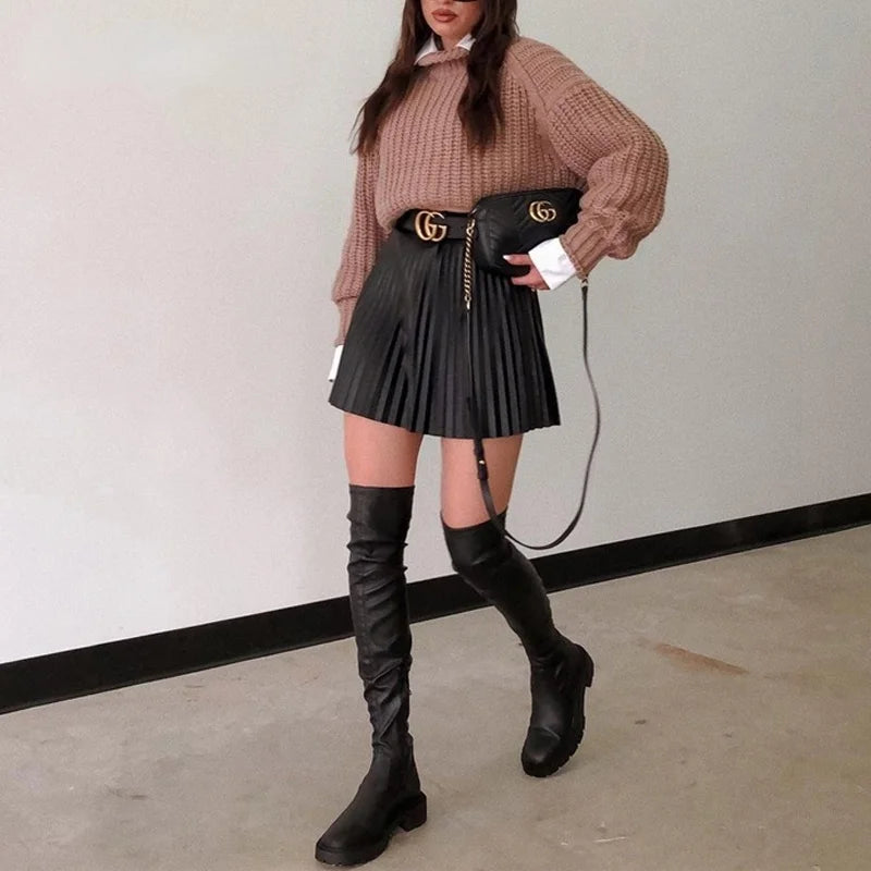 High Waist Pleated Women Skirt A-line Faux Leather Streetwear Female Short Skirt Spring Autumn Party Club SexySkirt Black Skirt