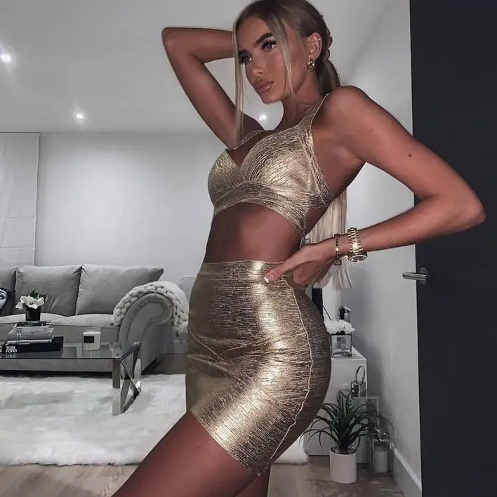Conjunto de 2 peças de bandagem de rayon com estampa de folha metálica azul e dourado, conjunto de vestidos para festa à noite