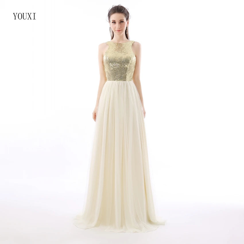 Charmming Chiffon Tulle with Top Champagne Gold Sequin Bridesmaid Dresses Formal Prom Dress 2023 Long Special Occasion Dresses